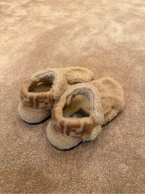 Fendi Beige Shearling Slide Sandals with FF Logo Strap